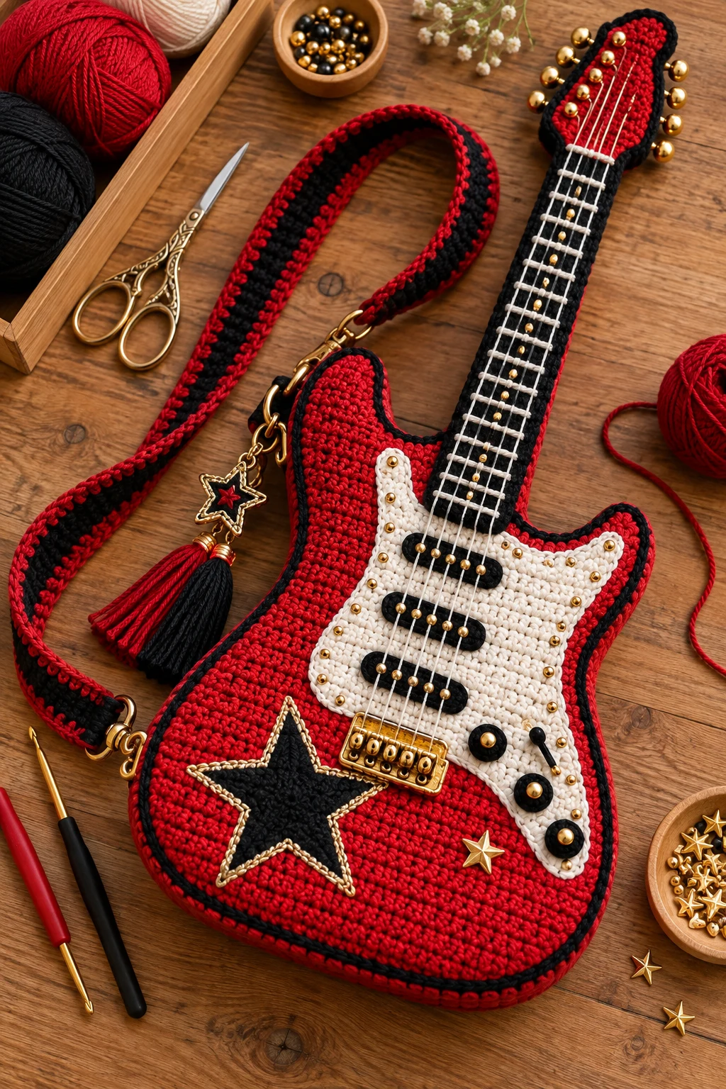 Red Rock-Star Crochet Guitar Purse — crochet guitar bag style outfit