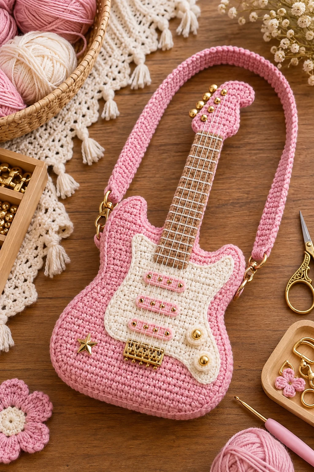 Mini Crochet Guitar Shaped Bag — crochet guitar bag style outfit