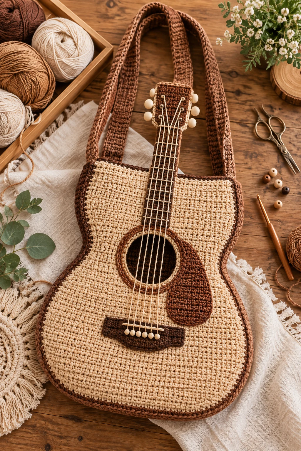Natural Wood-Tone Crochet Guitar Tote Bag — crochet guitar bag style outfit