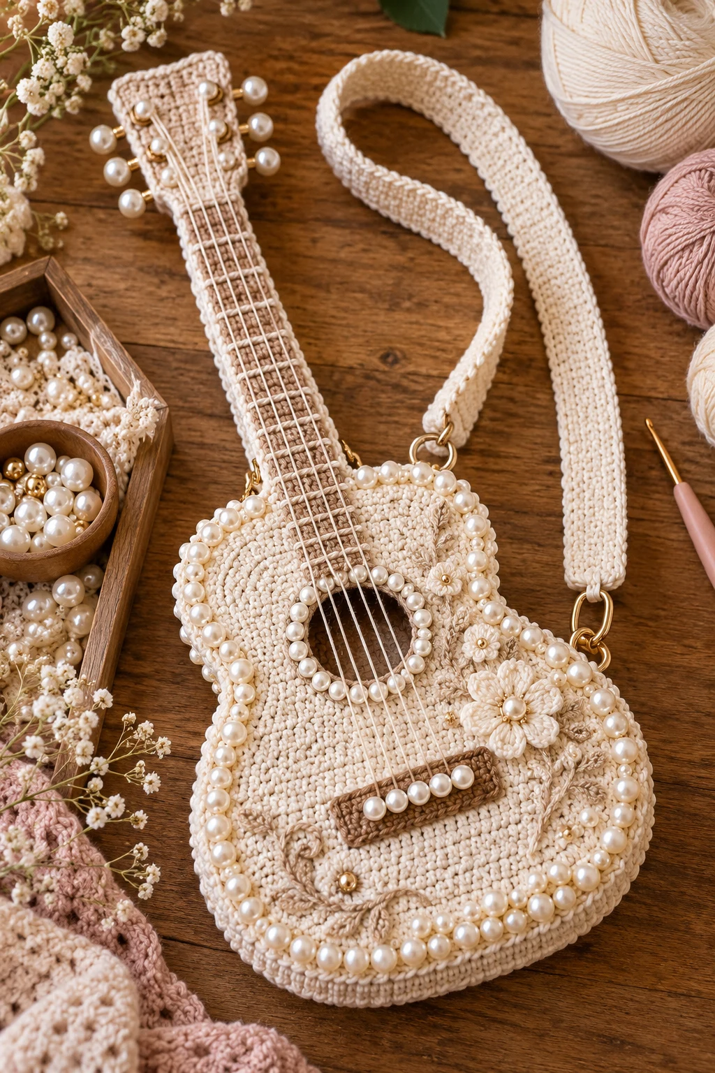 Pearl-Trimmed Ivory Guitar Purse — crochet guitar bag style outfit