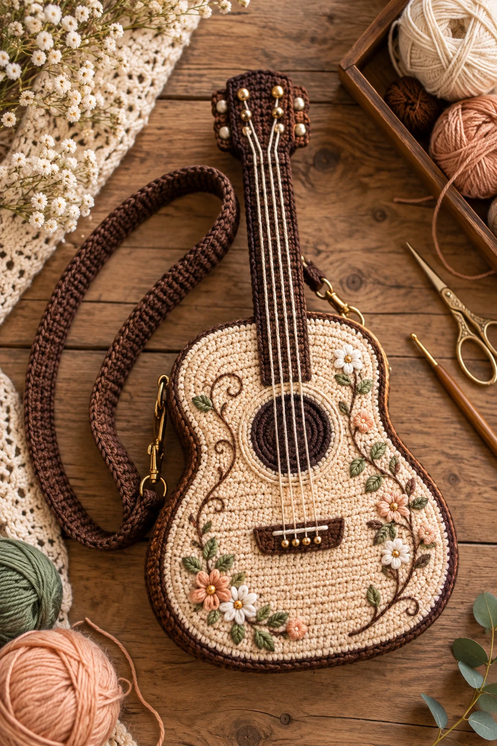Crochet Guitar Bag With Embroidered Strings — crochet guitar bag style outfit