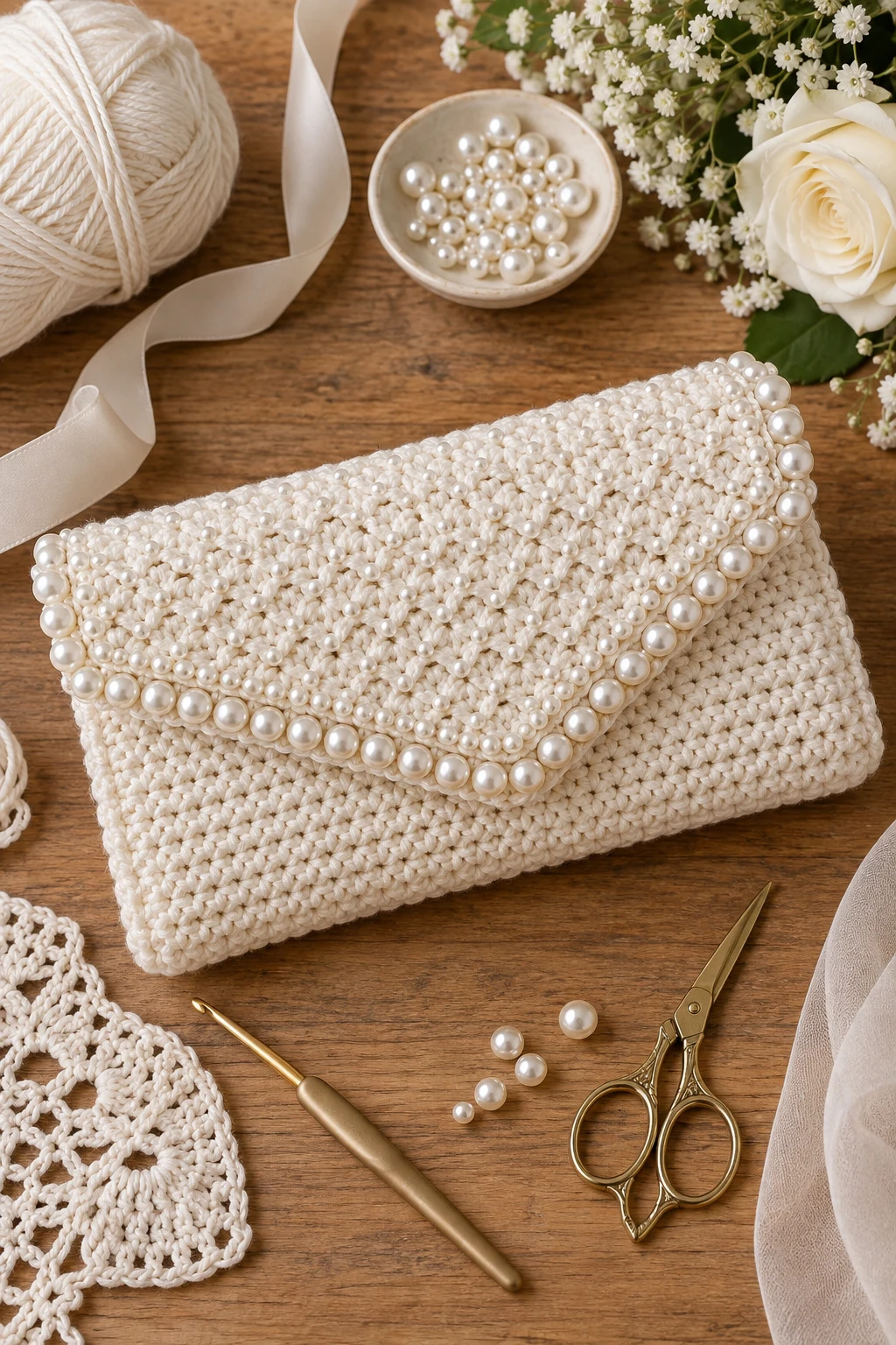 Pearl-Trimmed Wedding Clutch — crochet hand bag pattern style outfit