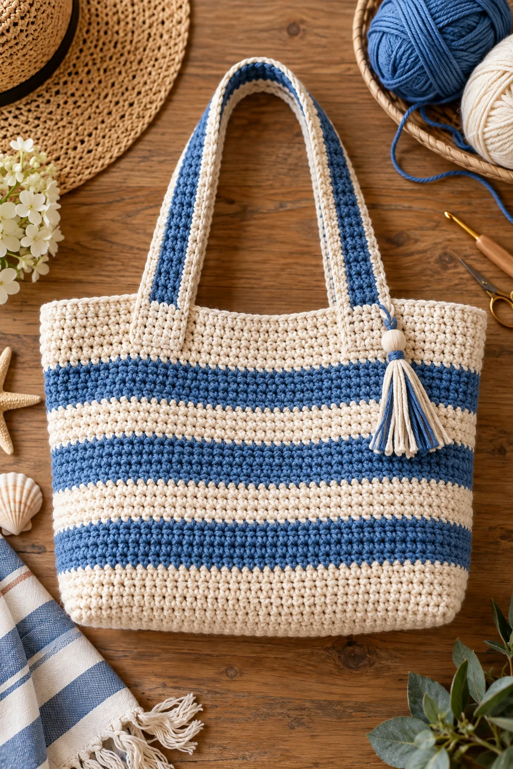 Coastal Blue Stripe Tote — crochet hand bag pattern style outfit
