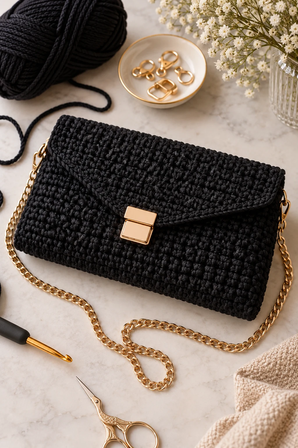 Black Minimalist Evening Bag — crochet hand bag pattern style outfit