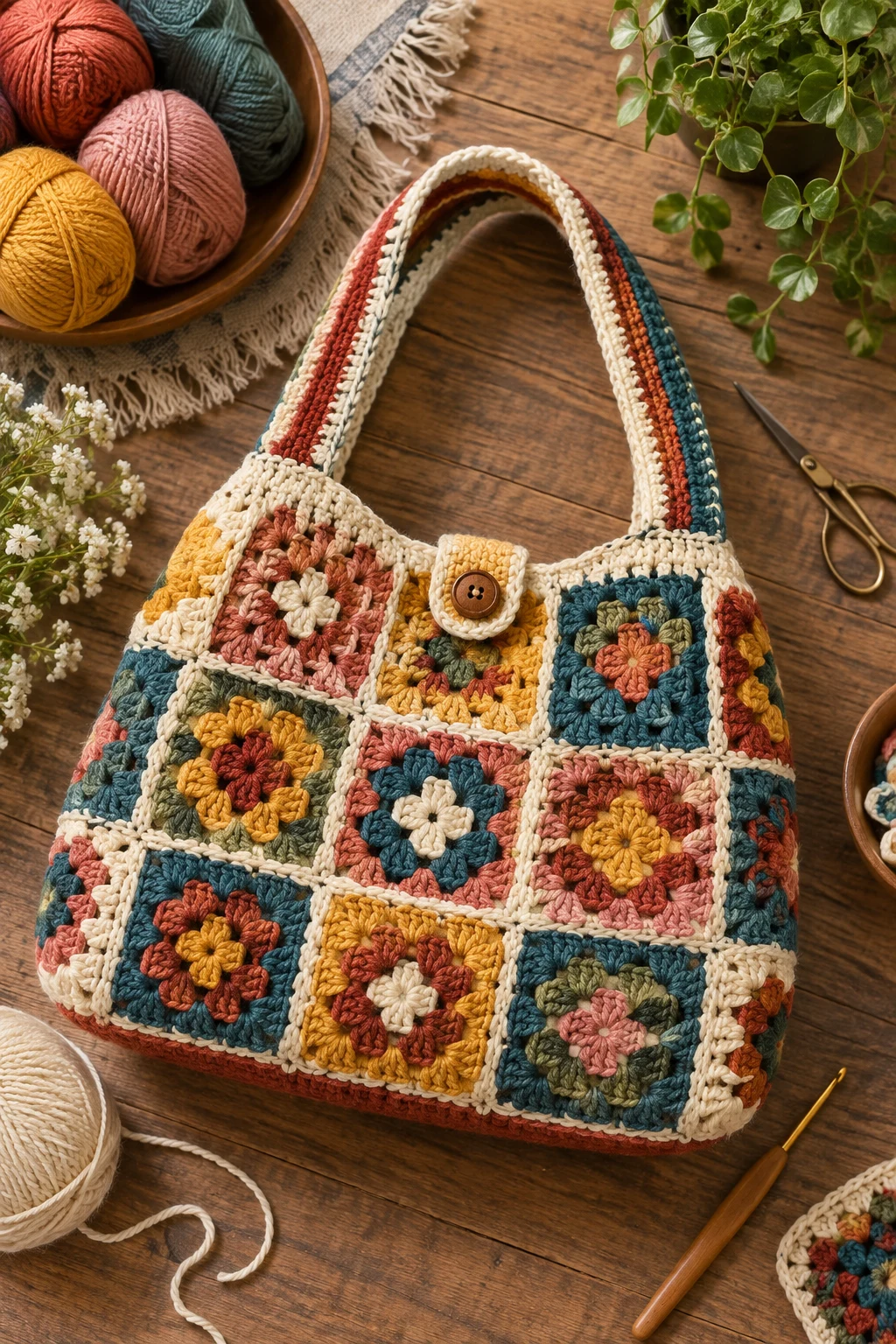 Color-Block Granny Square Handbag — crochet hand bag pattern style outfit