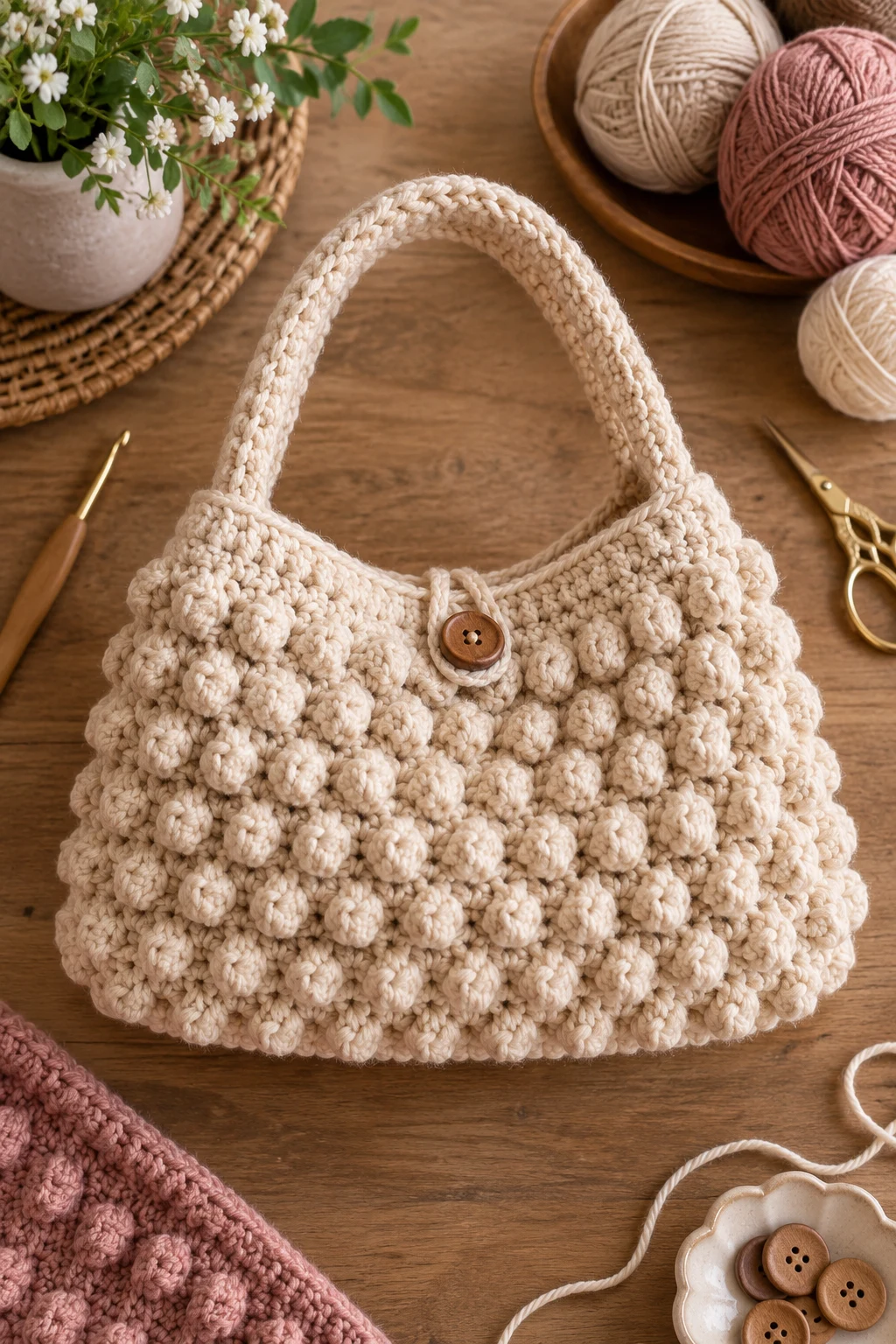 Textured Bobble-Stitch Handbag — crochet hand bag pattern style outfit