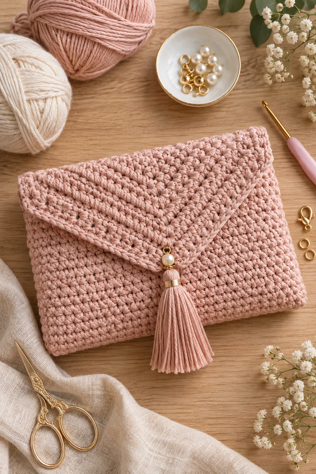 Soft Blush Crochet Clutch — crochet hand bag pattern style outfit