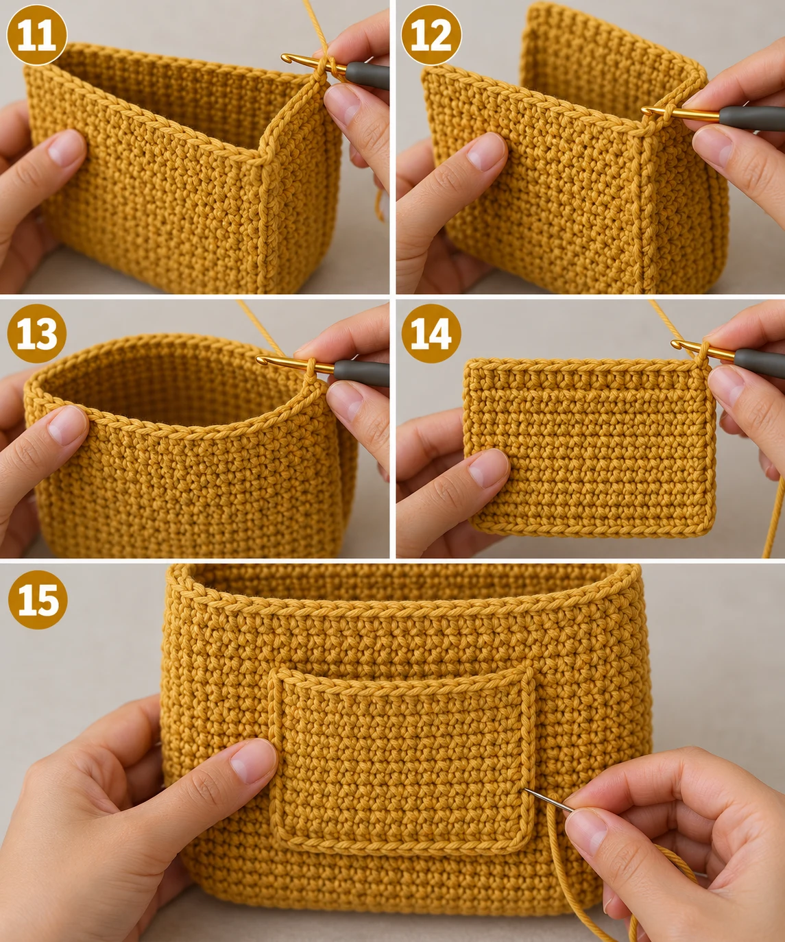 Steps 11–15 — Crochet Handbag Pattern