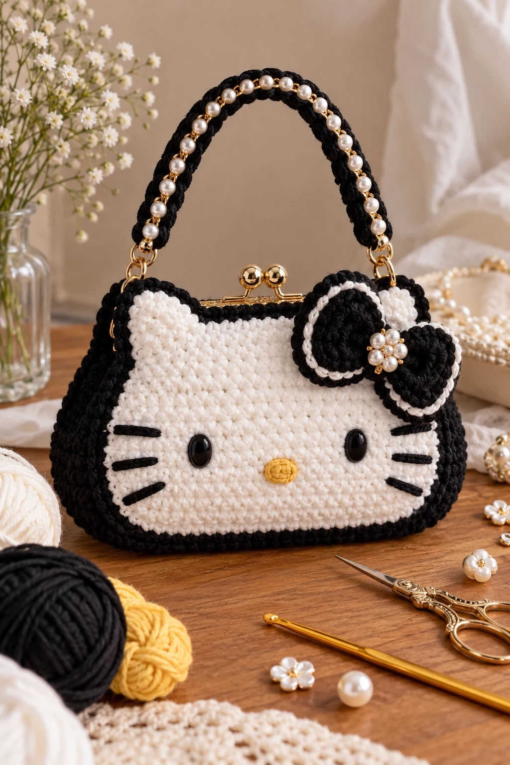 Black-and-White Evening Bag — crochet hello kitty bag style outfit