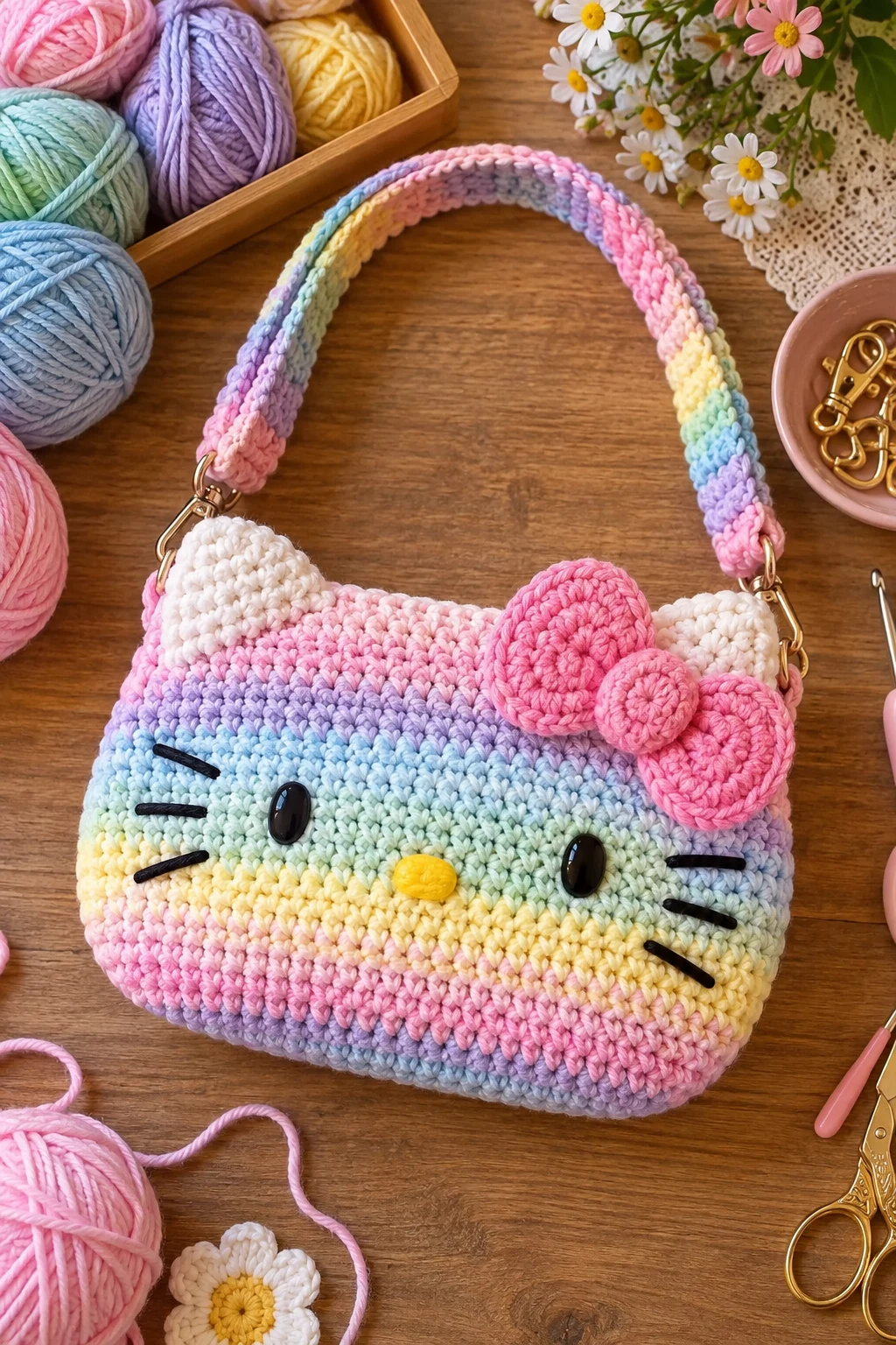 Pastel Rainbow Crochet Hello Kitty Bag — crochet hello kitty bag style outfit