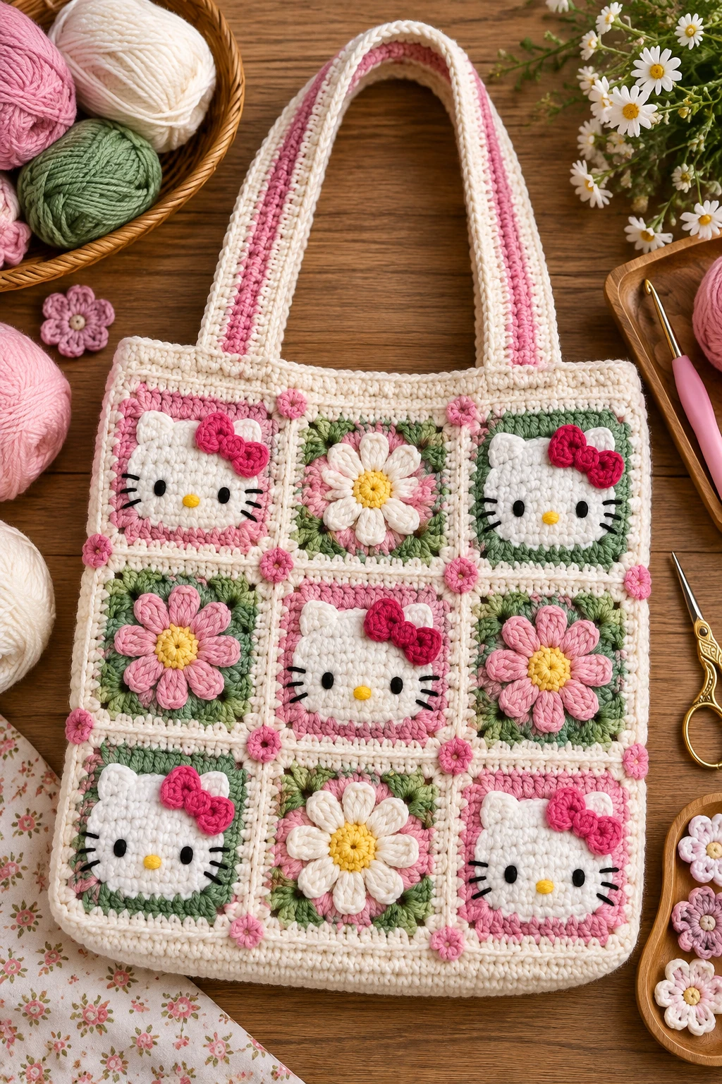Granny Square Character Tote — crochet hello kitty bag style outfit
