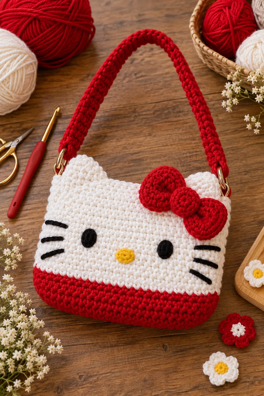 Red-and-White Crochet Hello Kitty Purse — crochet hello kitty bag style outfit