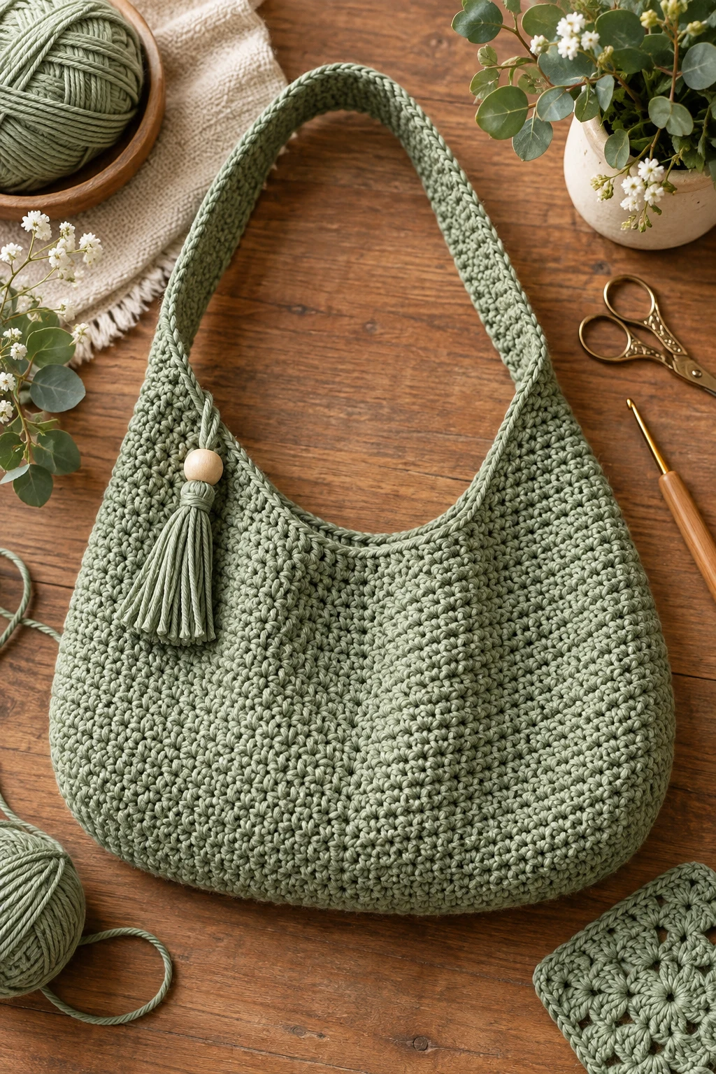 Soft Sage Shoulder Bag — crochet hobo bag free pattern style outfit