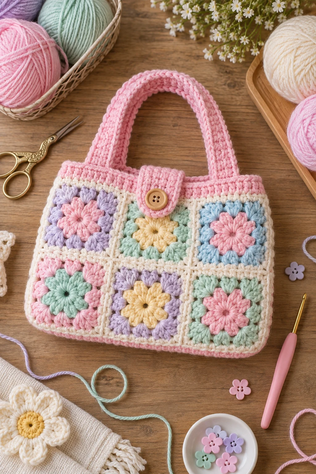 Pastel Granny Square Mini Bag — crochet kids bag style outfit