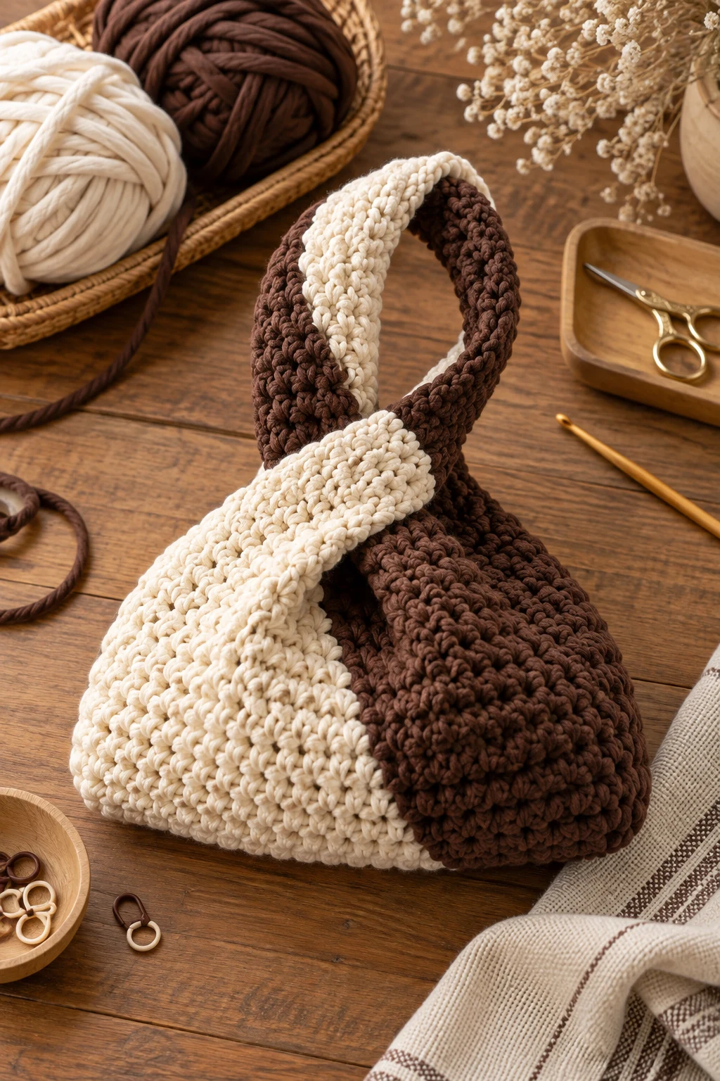 Two-Tone Chocolate and Cream Bag — crochet knot bag style outfit