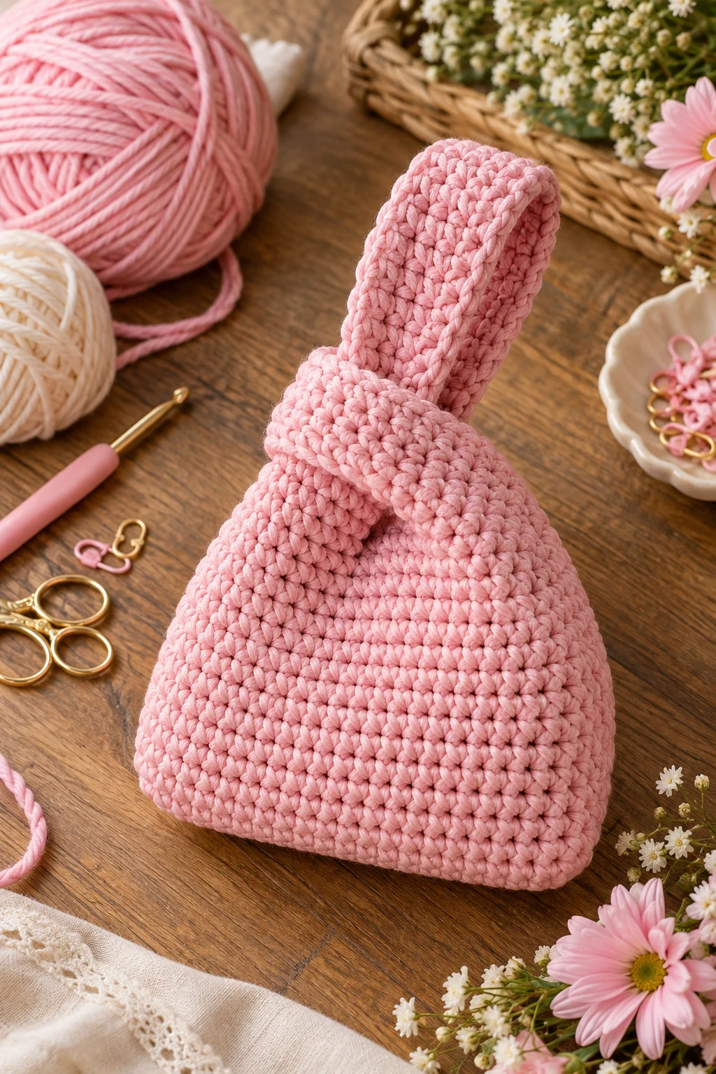 Pastel Pink Mini Knot Purse — crochet knot bag style outfit