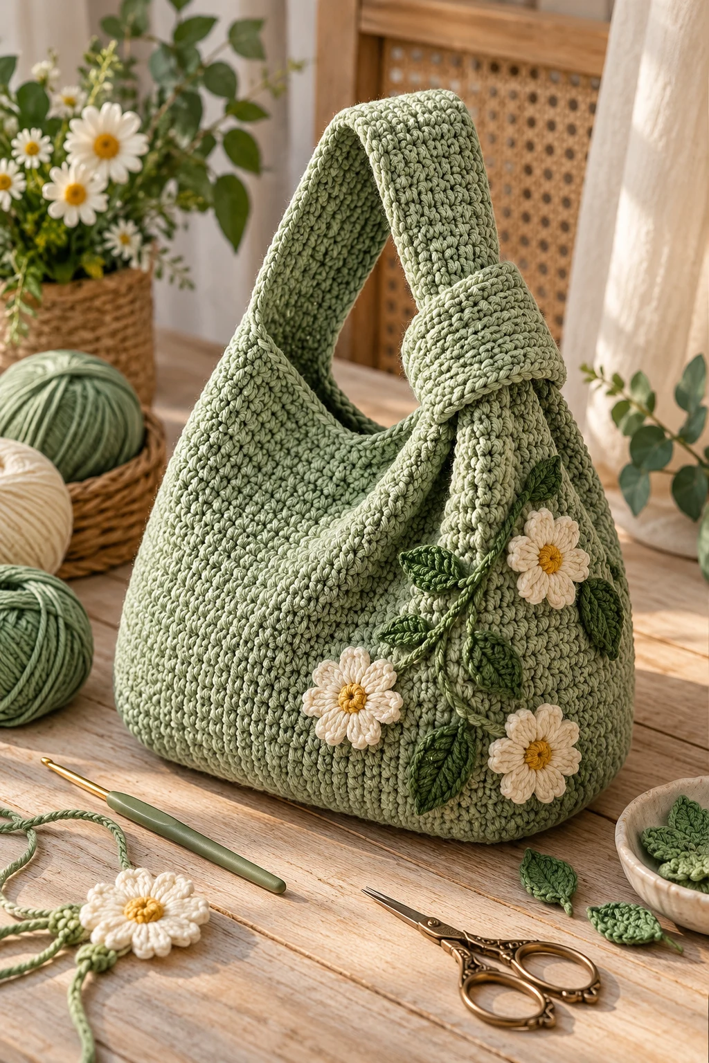Sage Green Garden Bag — crochet knot bag style outfit