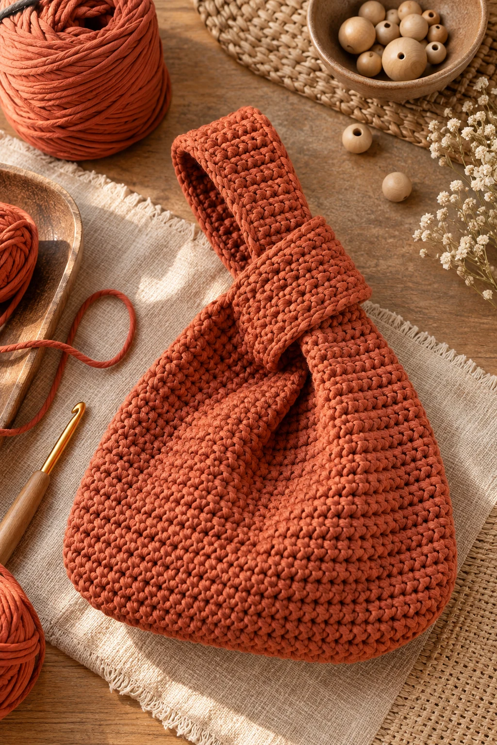 Terracotta Boho Bag — crochet knot bag style outfit