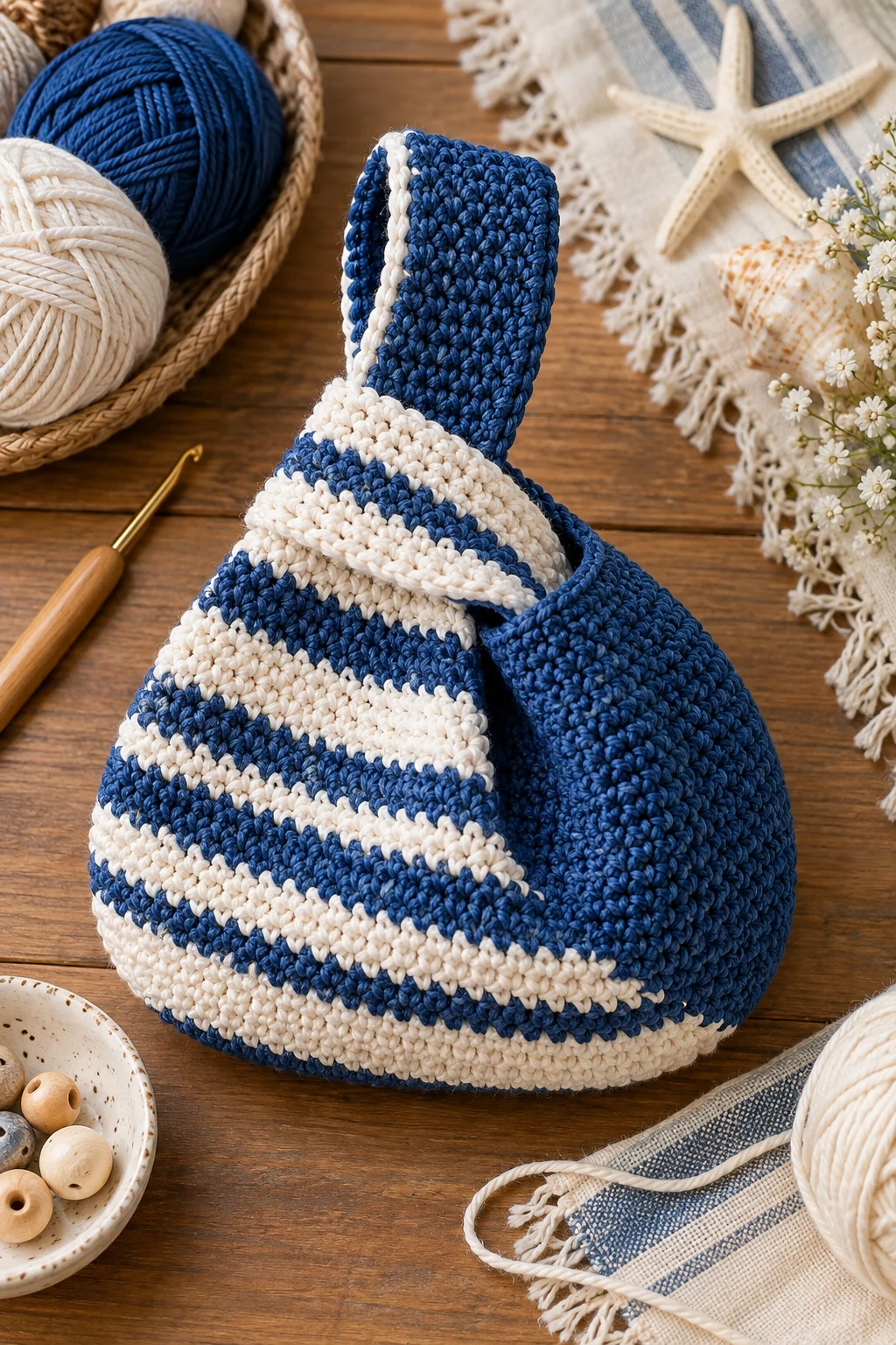 Blue-and-White Coastal Knot Bag — crochet knot bag style outfit
