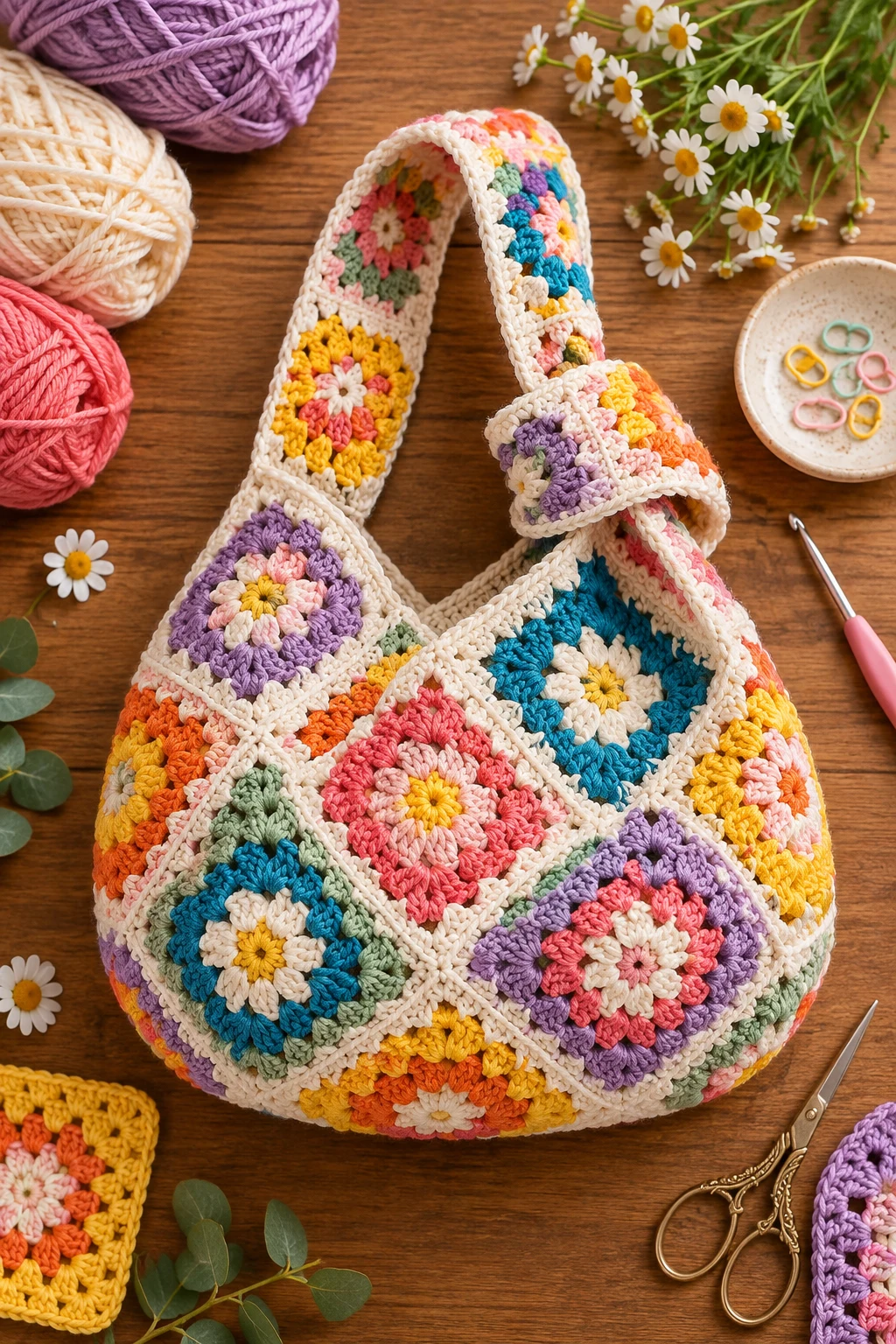 Colorful Granny Square Crochet Knot Bag — crochet knot bag style outfit
