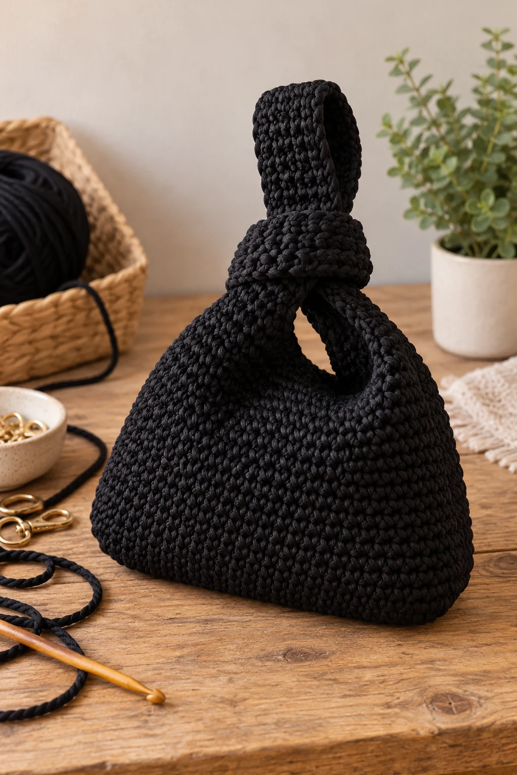 Black Minimalist Crochet Knot Handbag — crochet knot bag style outfit