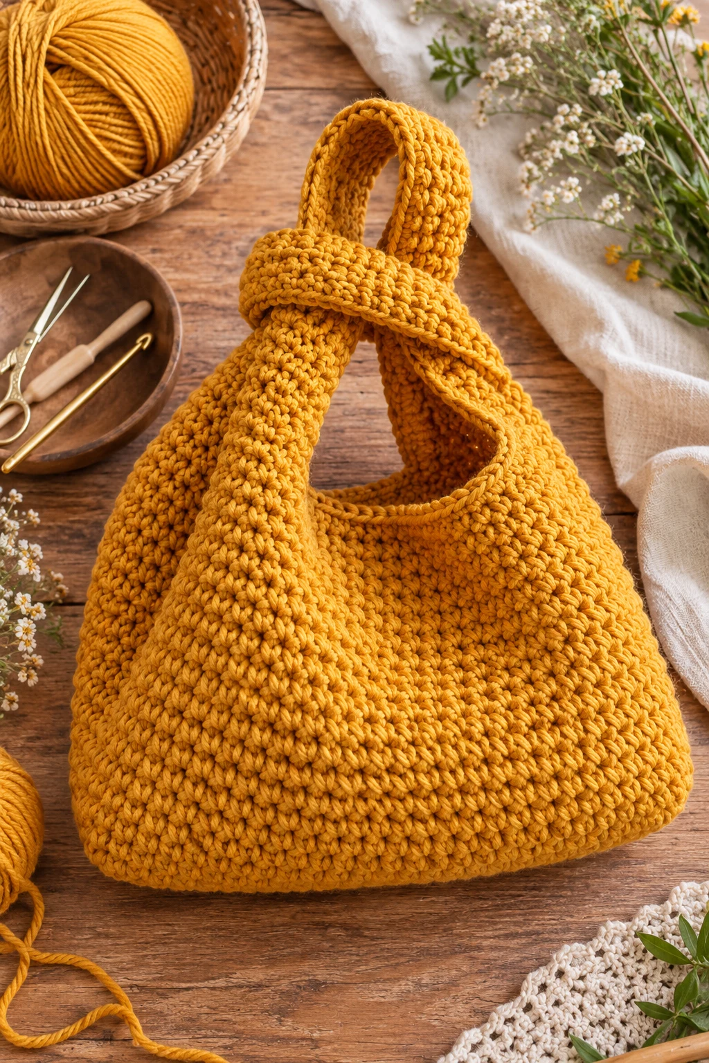Mustard Yellow Market Bag — crochet knot bag style outfit