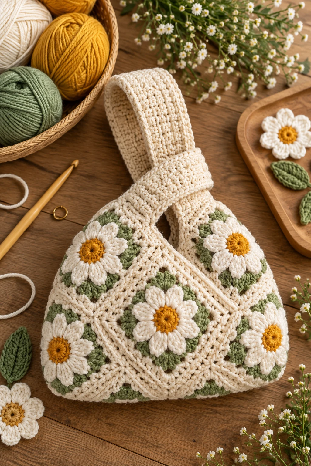 Crochet Knot Bag With Floral Motif — crochet knot bag style outfit