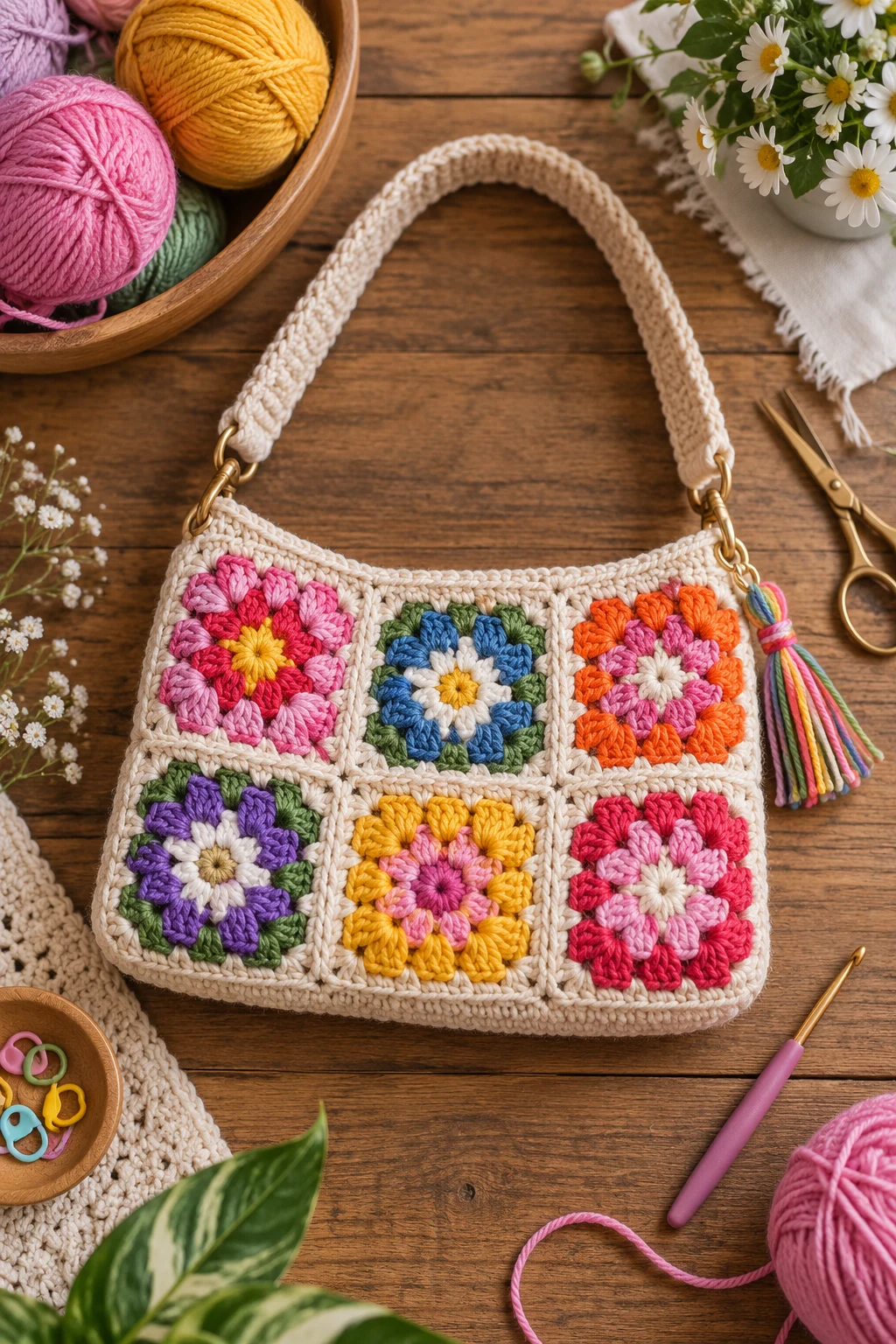 Colorful Granny Square Purse — crochet little bag style outfit