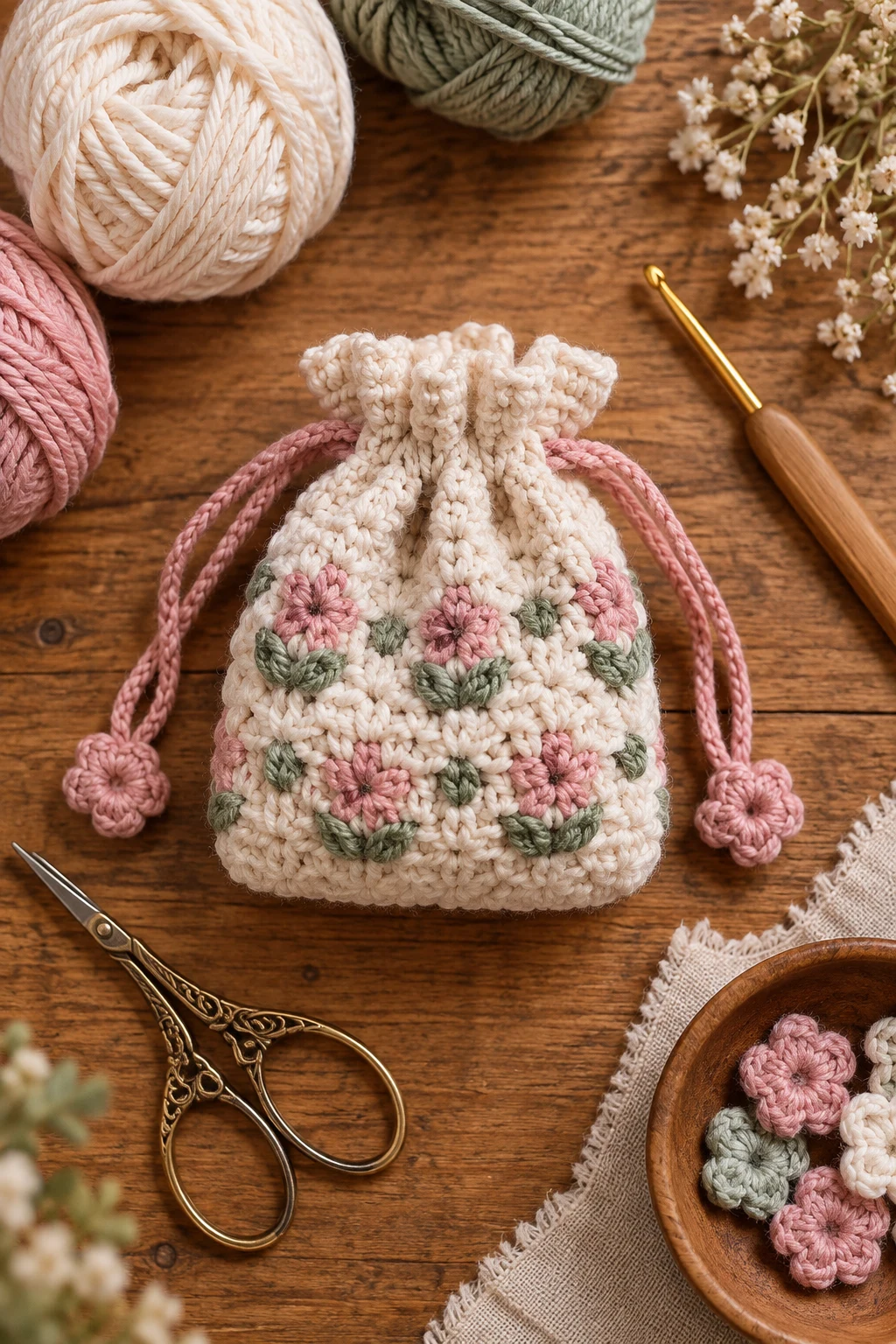 Tiny Drawstring Crochet Pouch — crochet little bag style outfit
