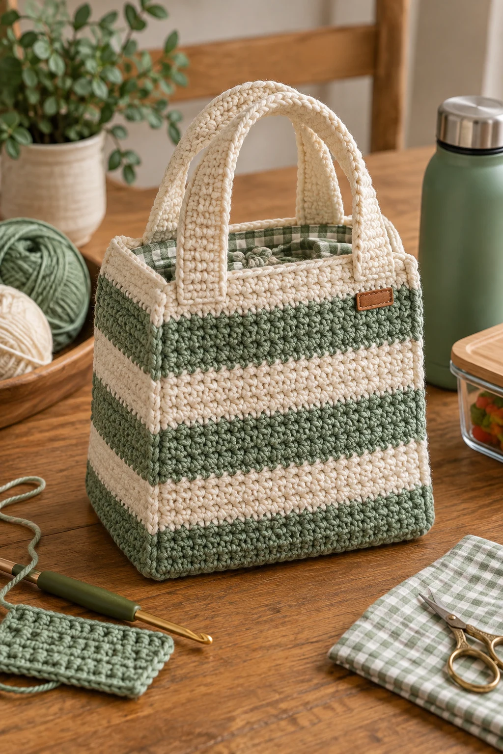 Classic Striped Crochet Lunch Bag — crochet lunch bag style outfit