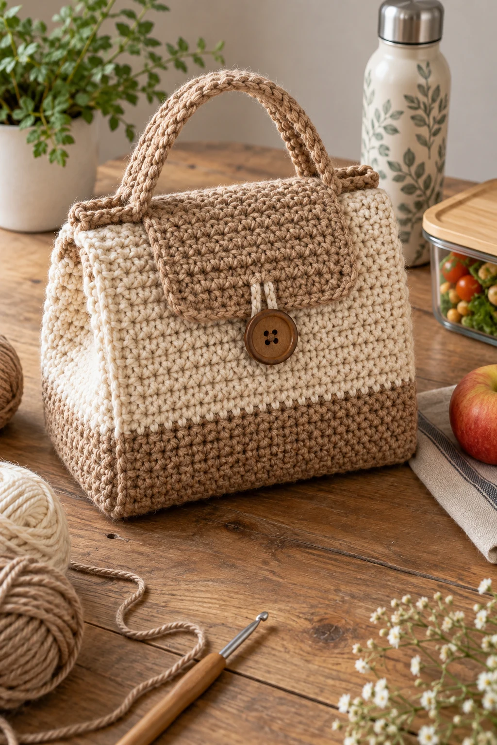 Rustic Crochet Lunch Bag With a Button Flap — crochet lunch bag style outfit