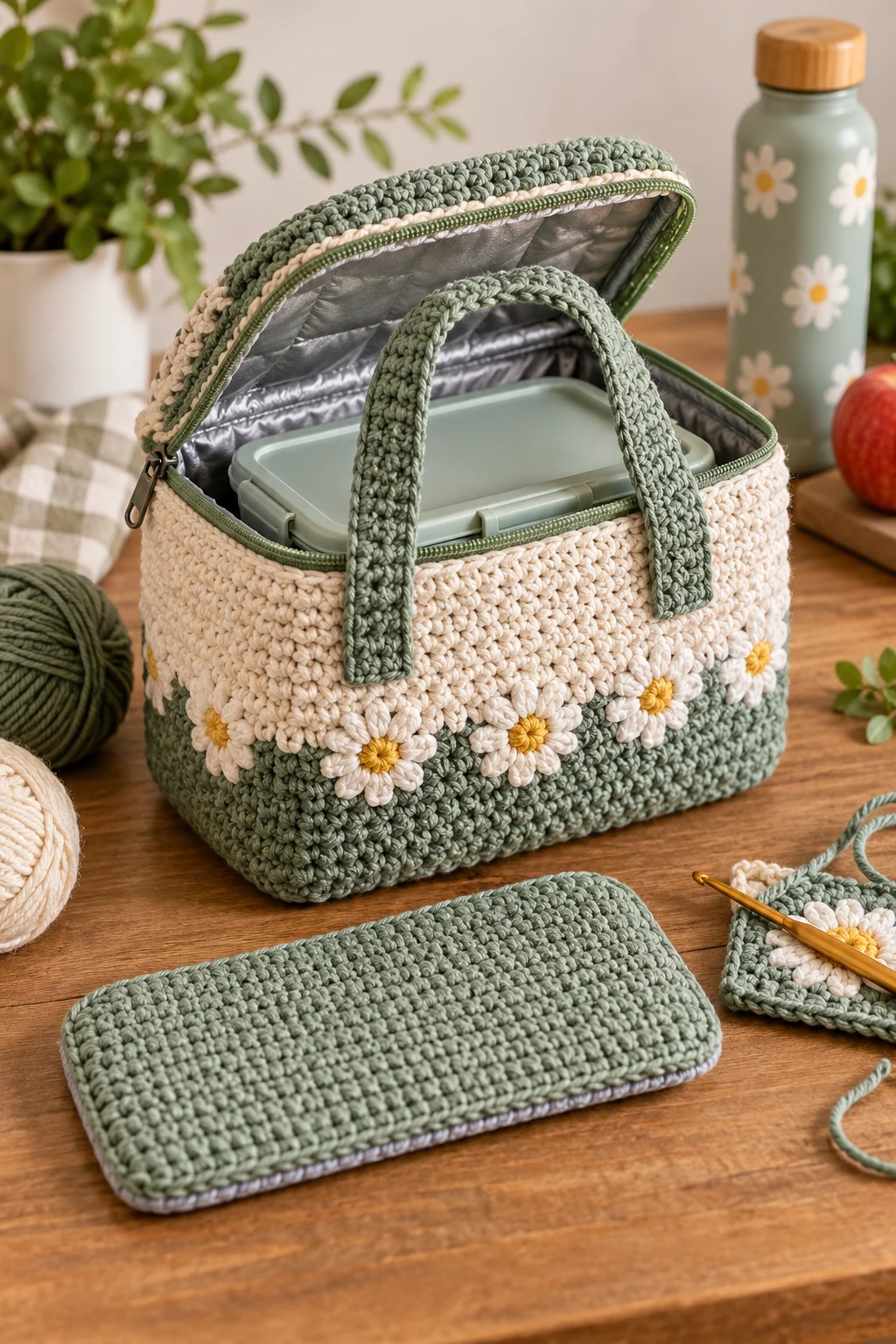 Crochet Lunch Box Holder With a Padded Base — crochet lunch bag style outfit