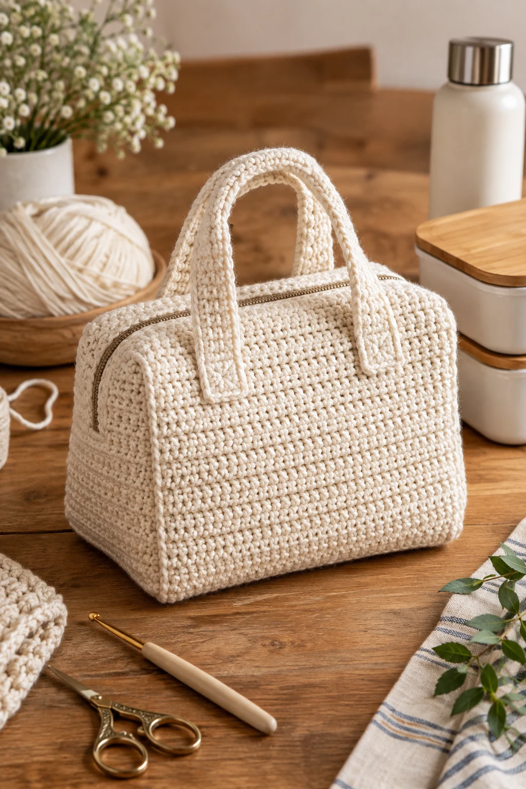 Minimalist Cream Lunch Box Crochet — crochet lunch bag style outfit