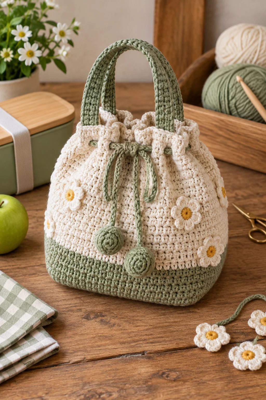 Crochet Lunch Bag With a Drawstring Top — crochet lunch bag style outfit