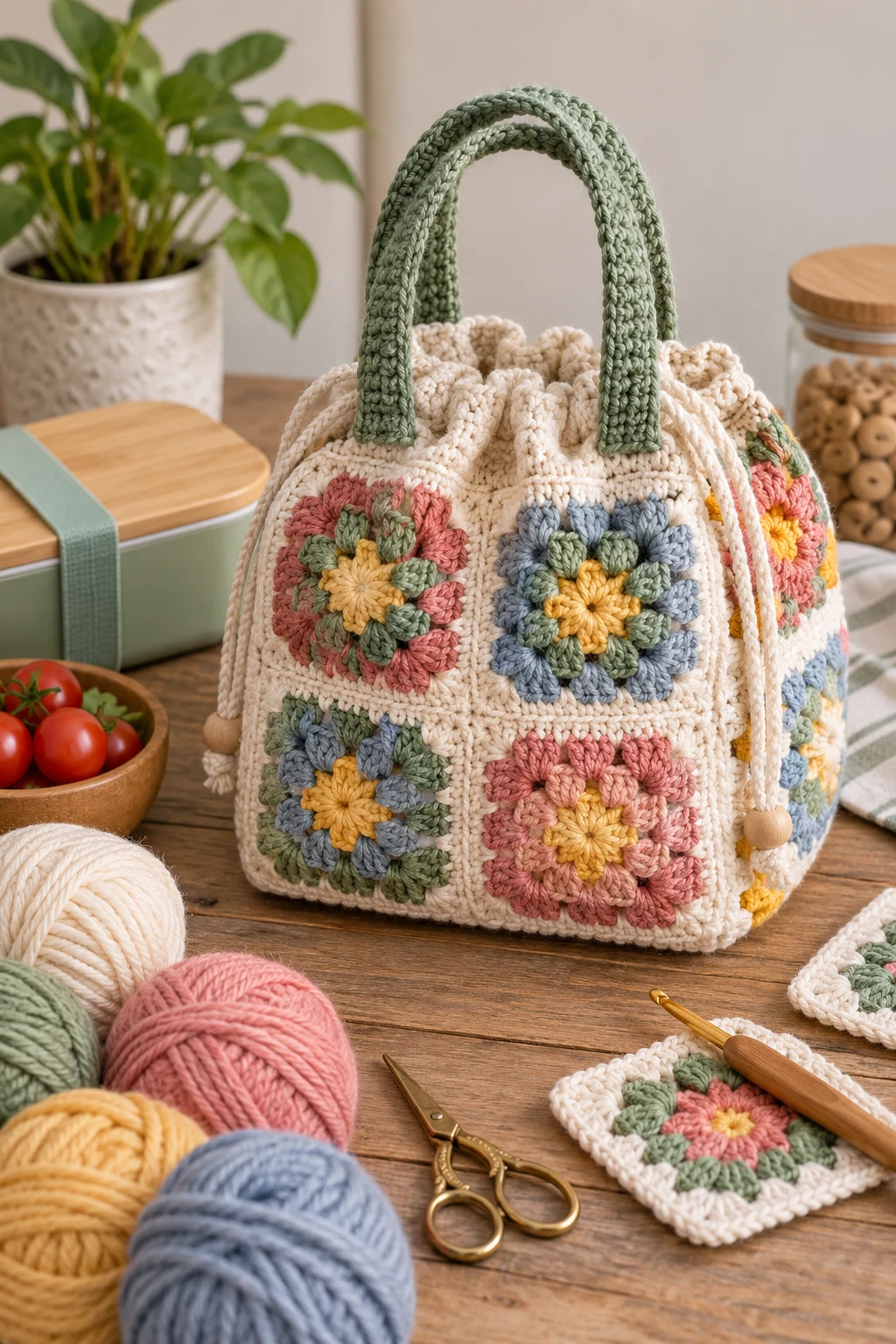 Granny Square Crochet Lunch Box Bag — crochet lunch bag style outfit