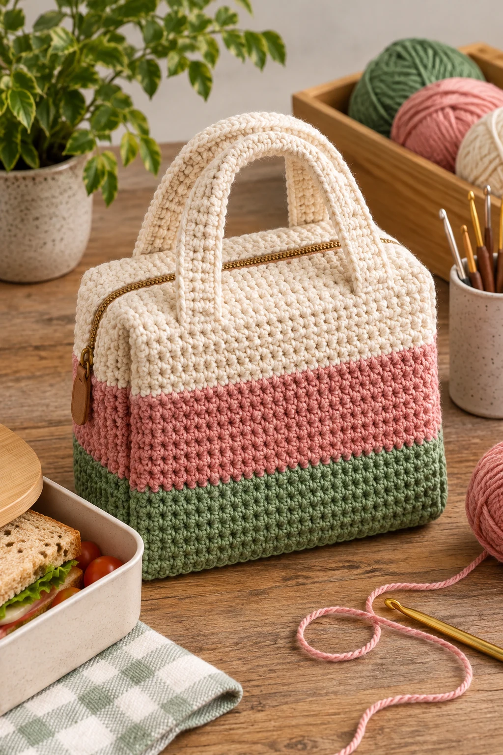 Color-Block Crochet Lunch Bag — crochet lunch bag style outfit