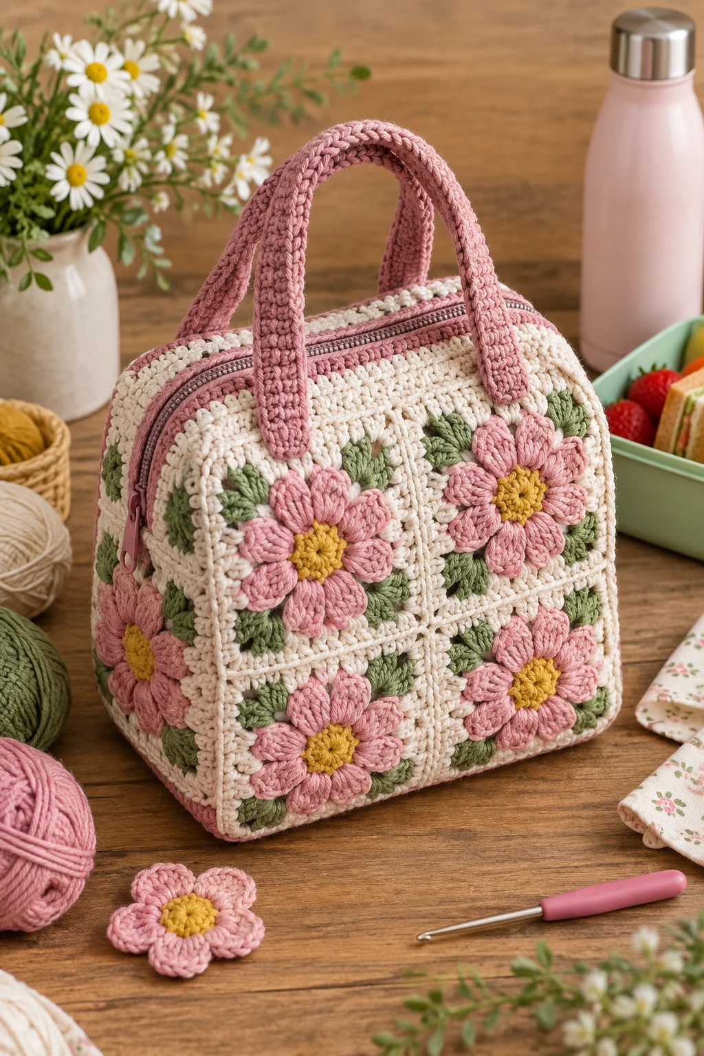 Floral Crochet Lunch Bag — crochet lunch bag style outfit