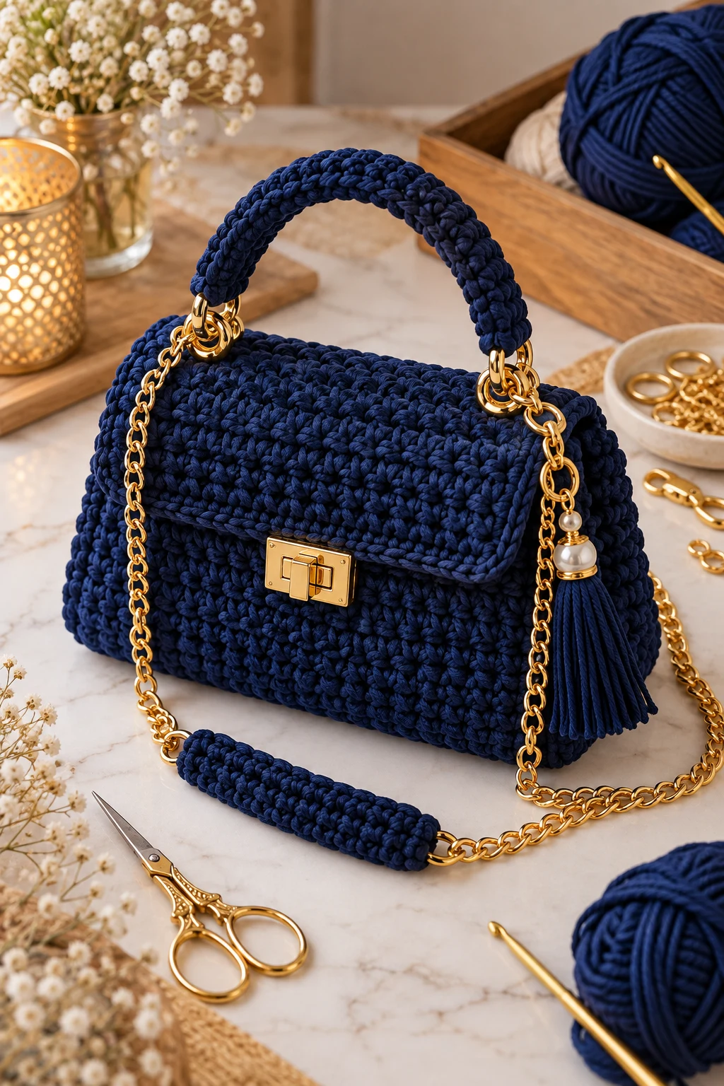 Navy Crochet Luxury Bag With Gold Hardware — crochet luxury bag style outfit