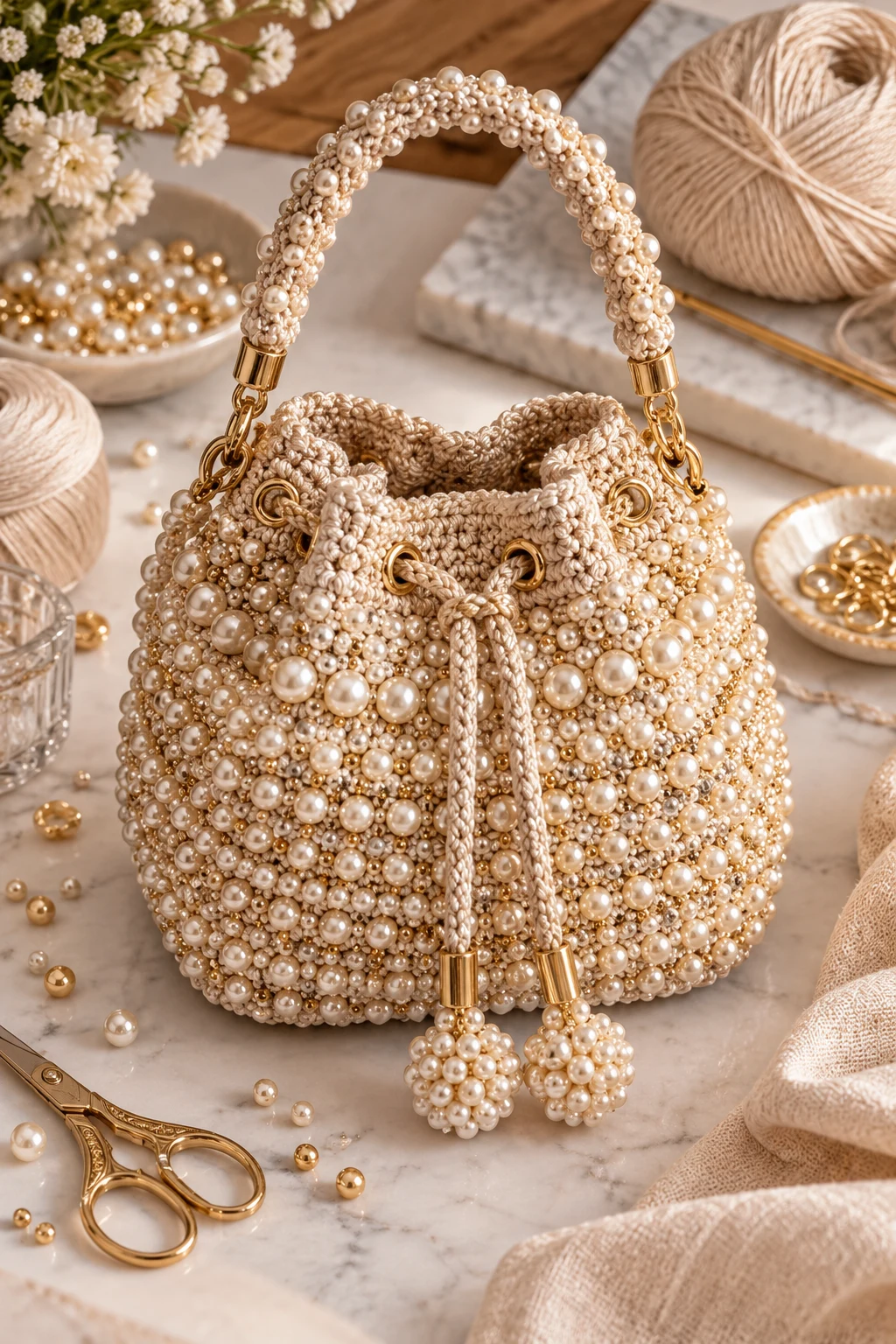 Champagne Beaded Crochet Luxury Bag — crochet luxury bag style outfit