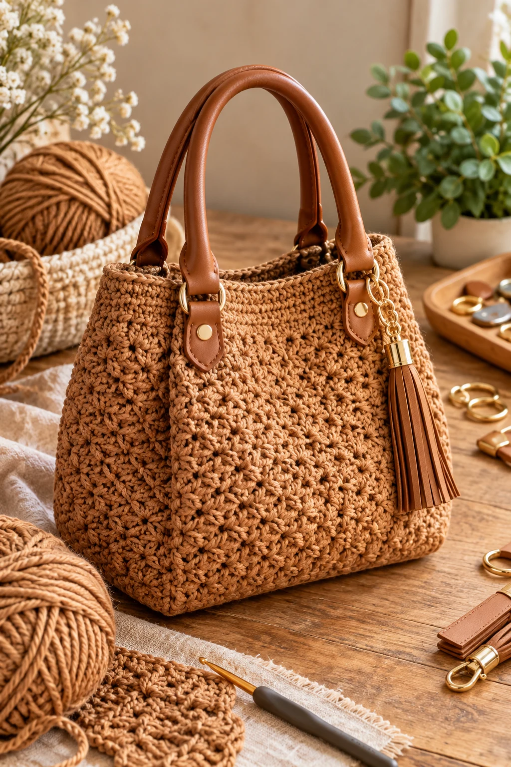 Camel Crochet Luxury Bag With Leather-Look Handles — crochet luxury bag style outfit