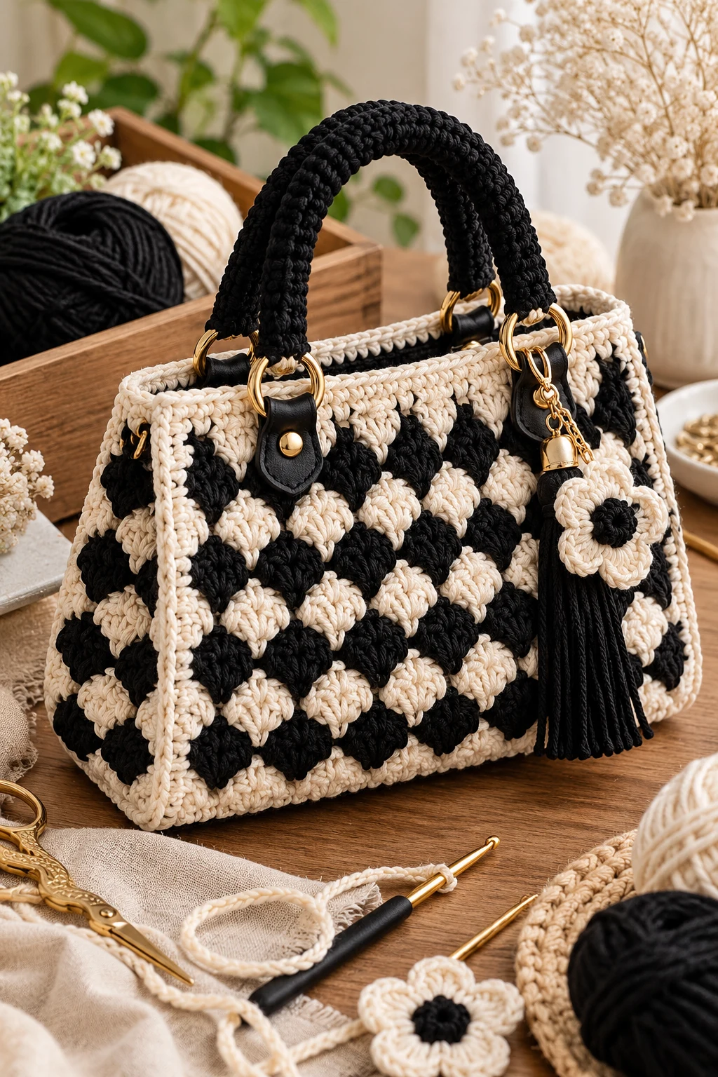 Black-and-Cream Crochet Luxury Bag — crochet luxury bag style outfit