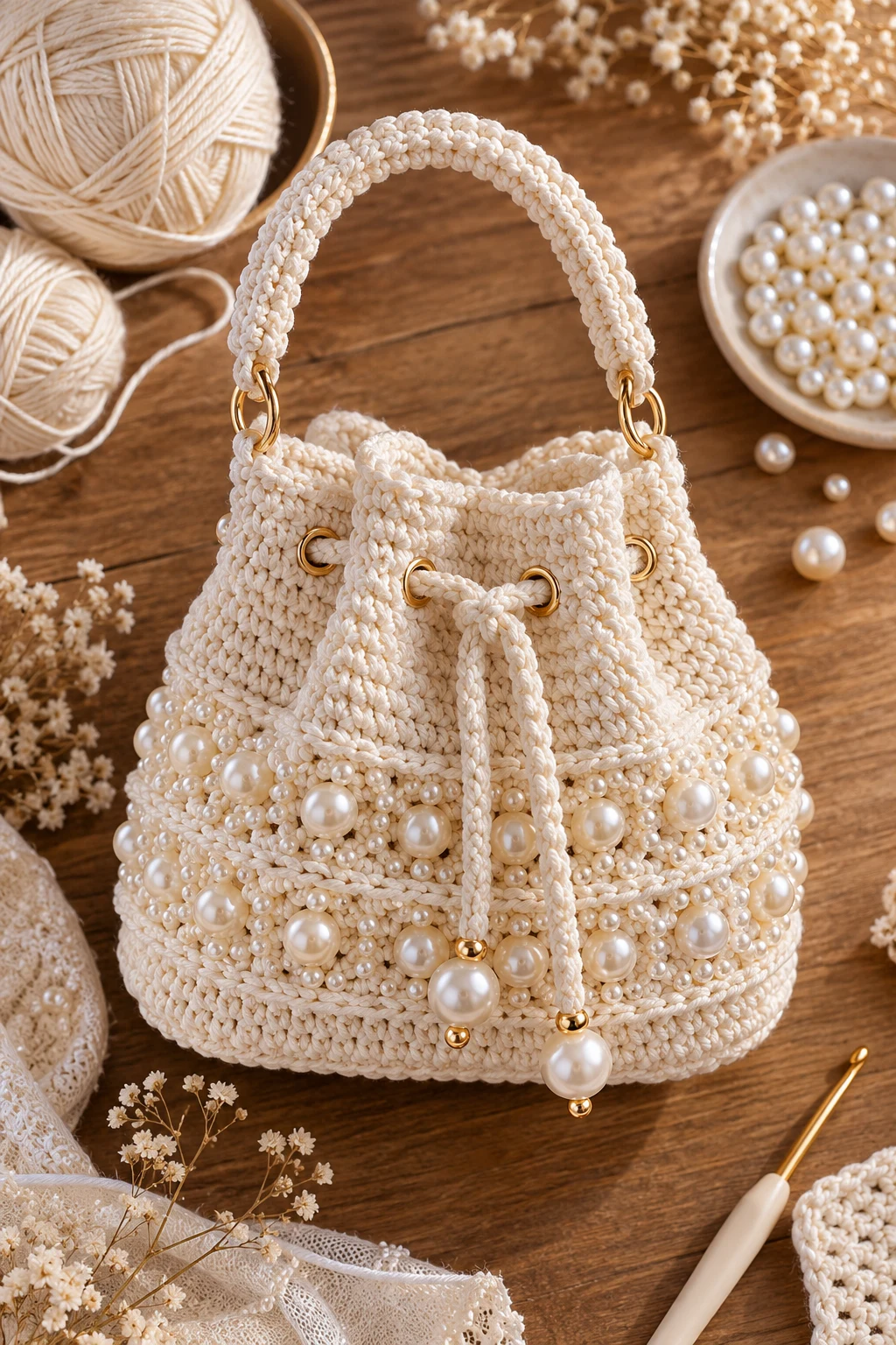 Ivory Pearl-Trimmed Crochet Luxury Bag — crochet luxury bag style outfit