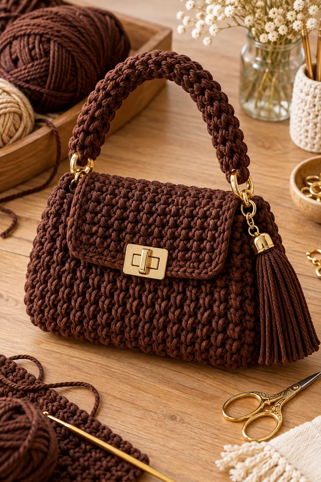 Chocolate Brown Crochet Luxury Bag — crochet luxury bag style outfit