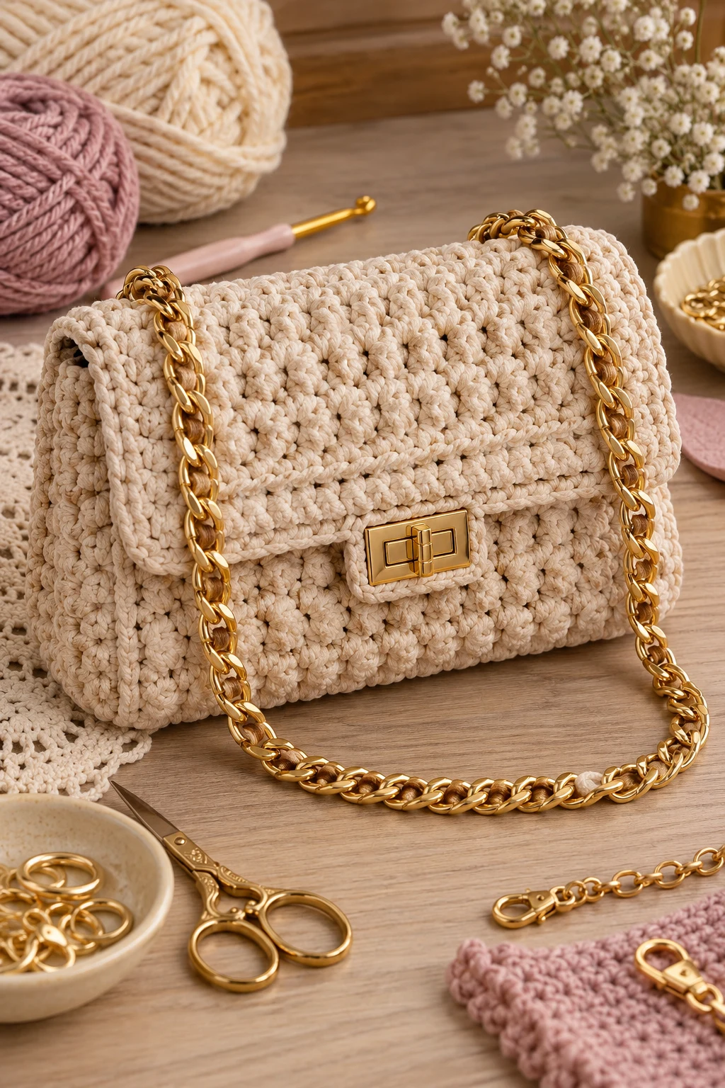 Crochet designer-Inspired Chain Bag — crochet luxury bag style outfit