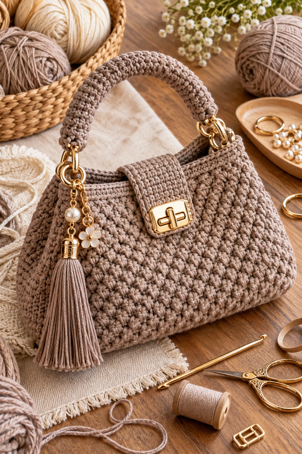 Soft Taupe Crochet Designer Bag — crochet luxury bag style outfit