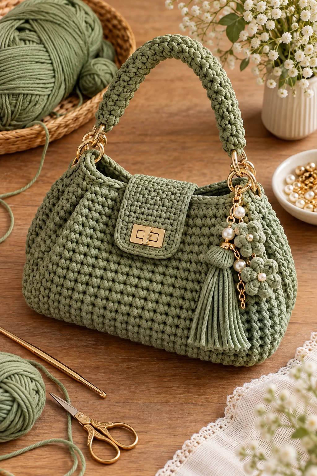 Sage Green Crochet Luxury Bag — crochet luxury bag style outfit