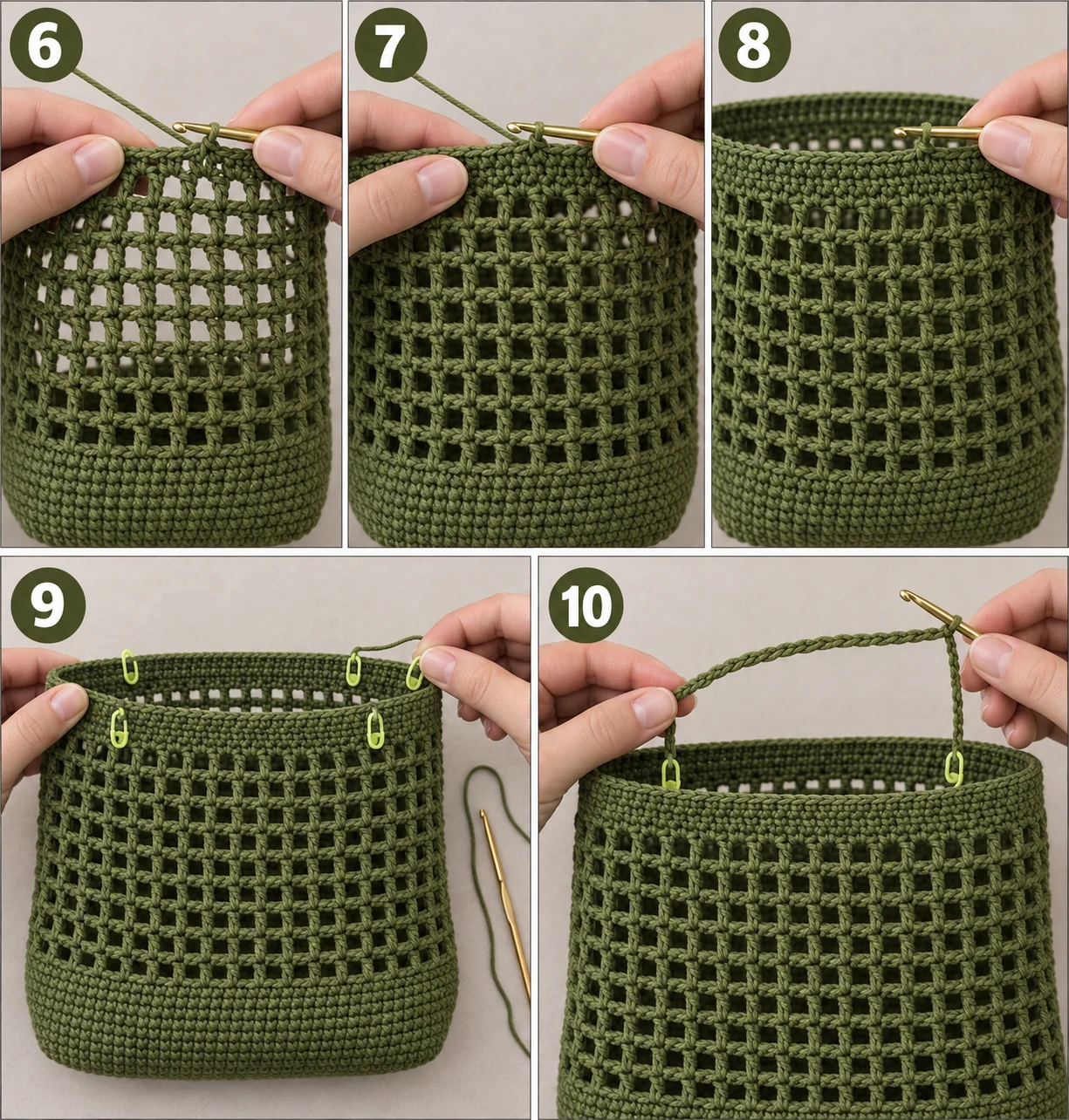 Steps 6–10 — crochet market bag free pattern