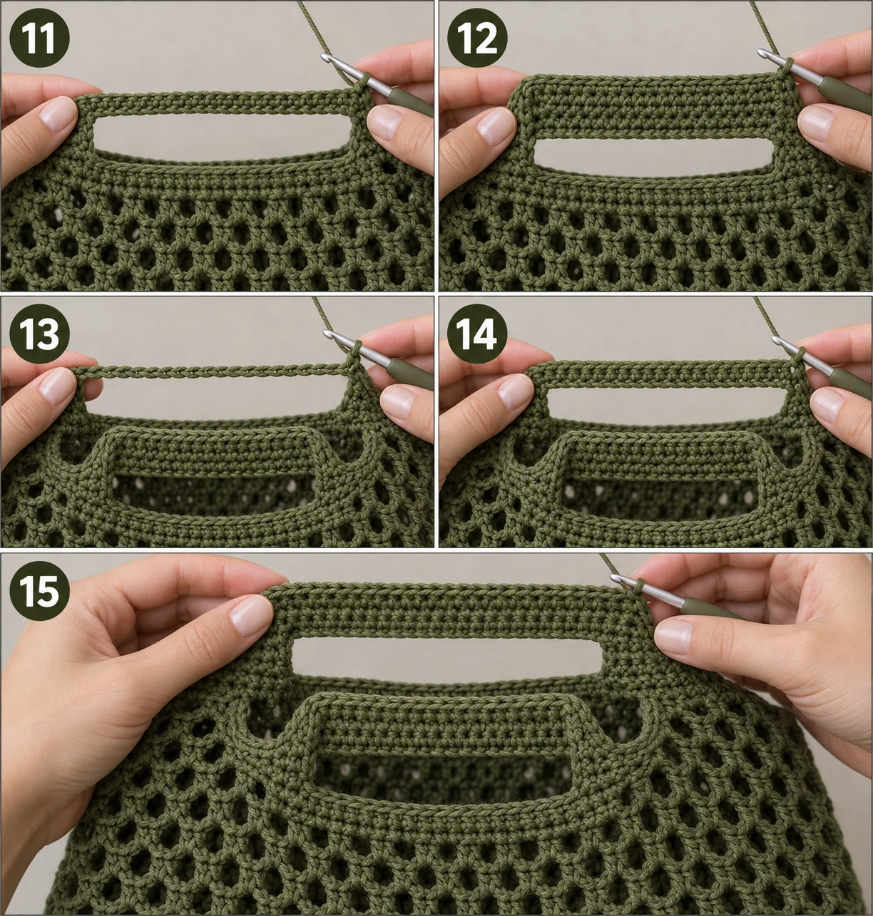Steps 11–15 — crochet market bag free pattern
