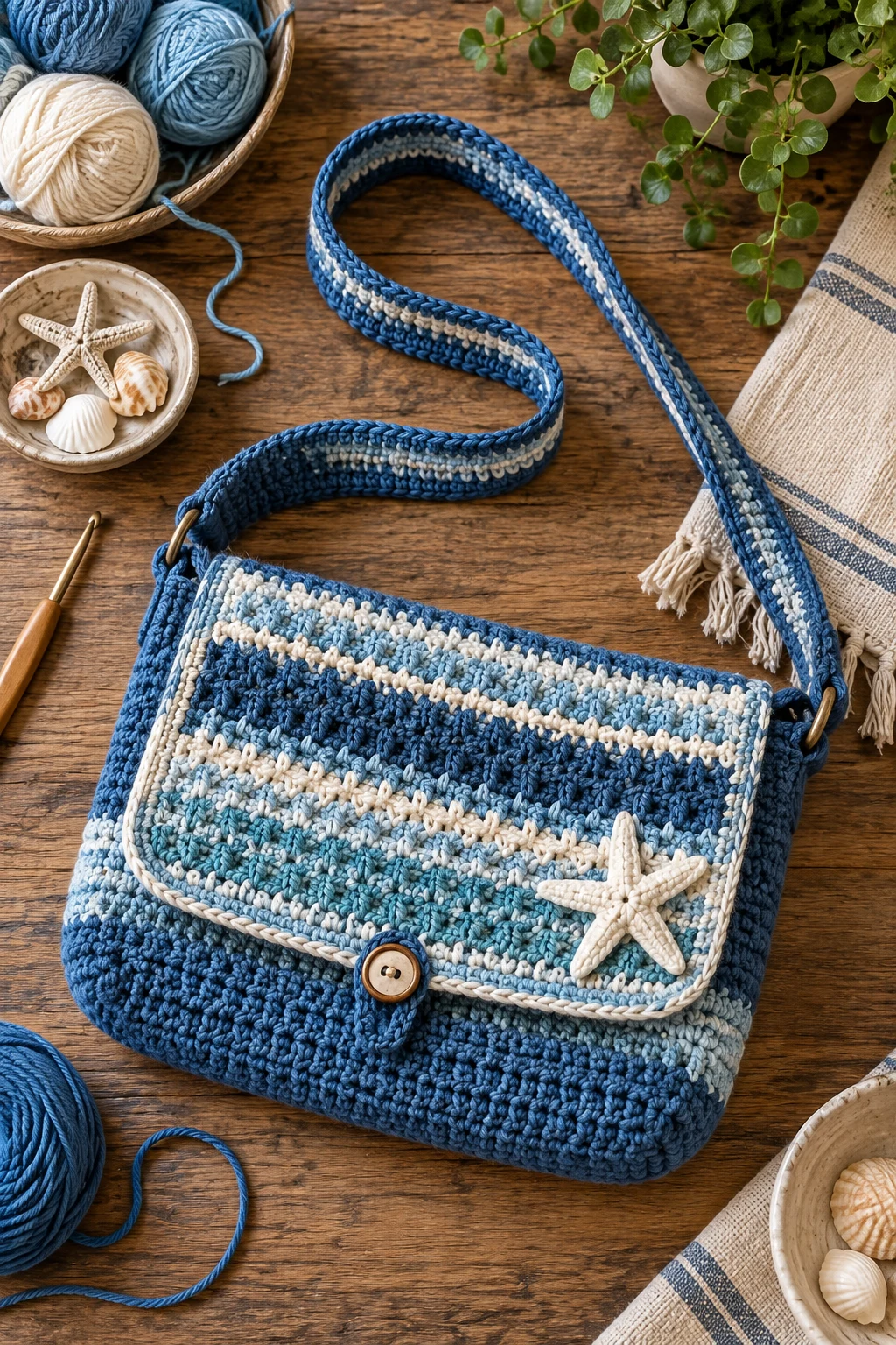 Coastal Blue Messenger — crochet messenger bag style outfit