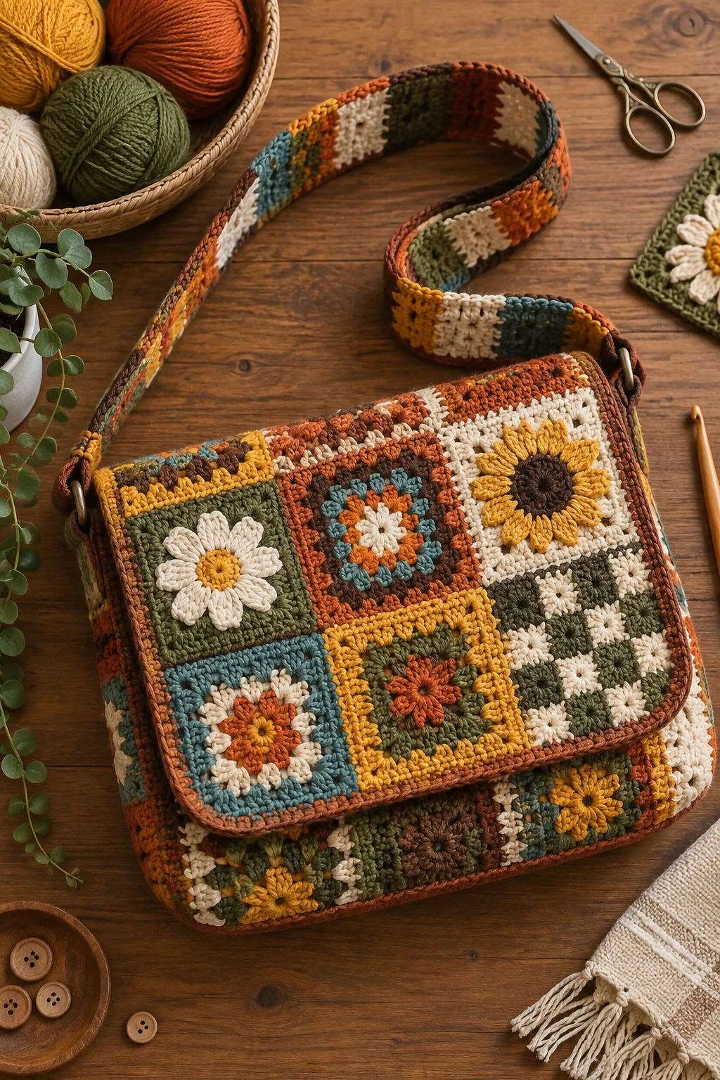 Retro Patchwork Messenger — crochet messenger bag style outfit